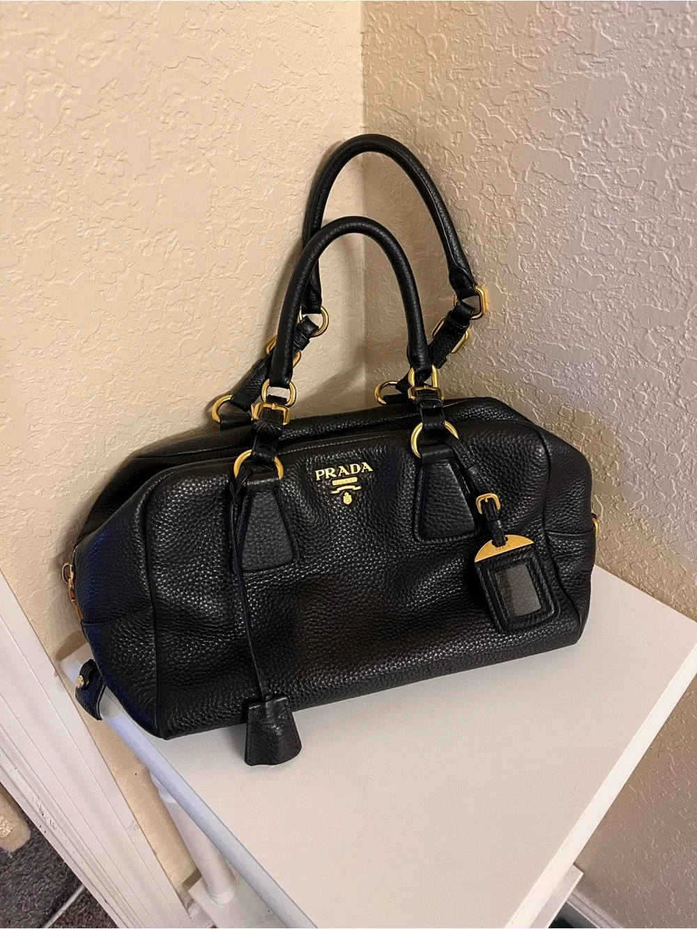 Prada Vintage Nero Pebble Leather Vitello Daino Bauletto Satchel, Gold Hardware